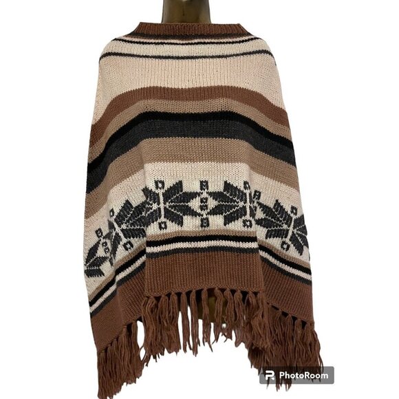 Vintage Handmade Poncho XL Southwestern Western Fringed Striped Cape Snow Stars - Picture 4 of 5